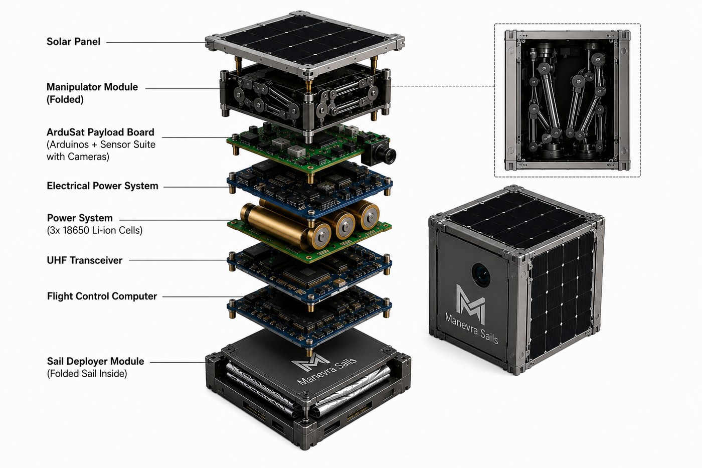 Exploded view of a Manevra satellite bus, showing solar panel, manipulator module, avionics stack and sail deployer