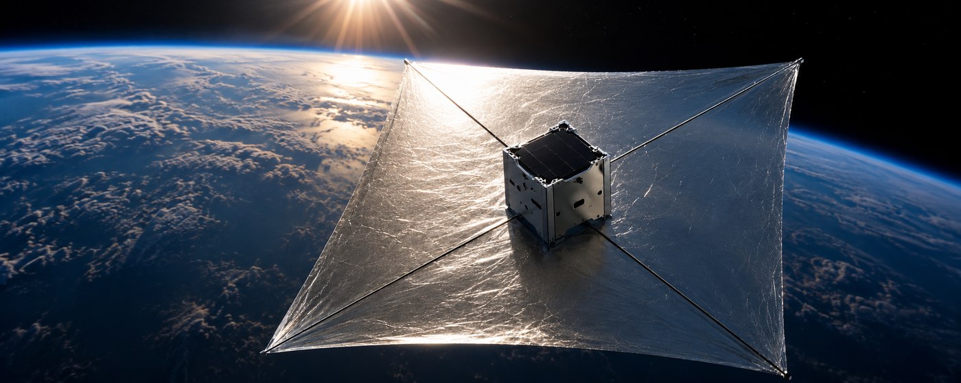 A Manevra satellite with deployed drag sail above Earth